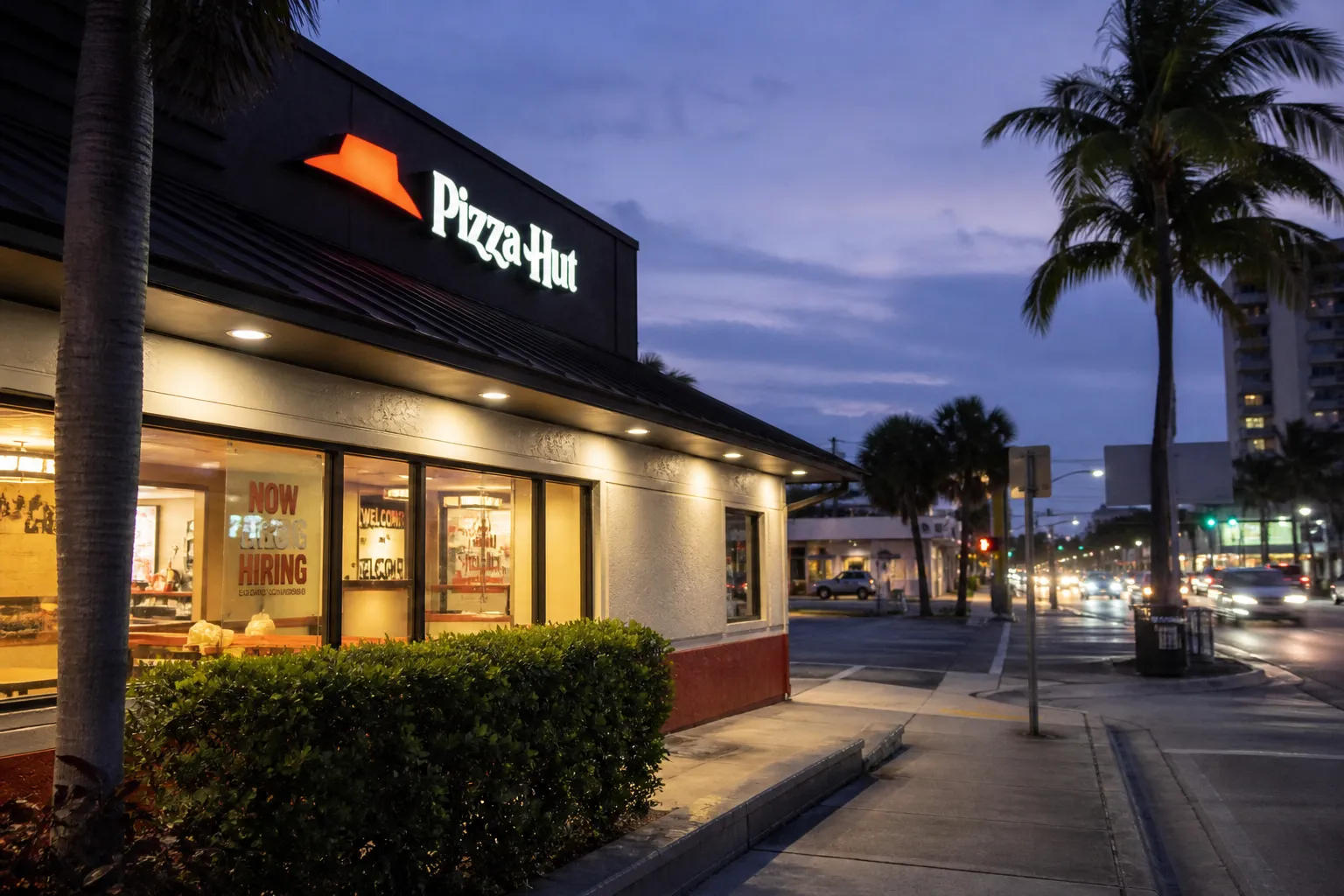 A freshly opened Pizza Hut box resting on a modern wooden tabletop next to dipping sauces and a cold drink.