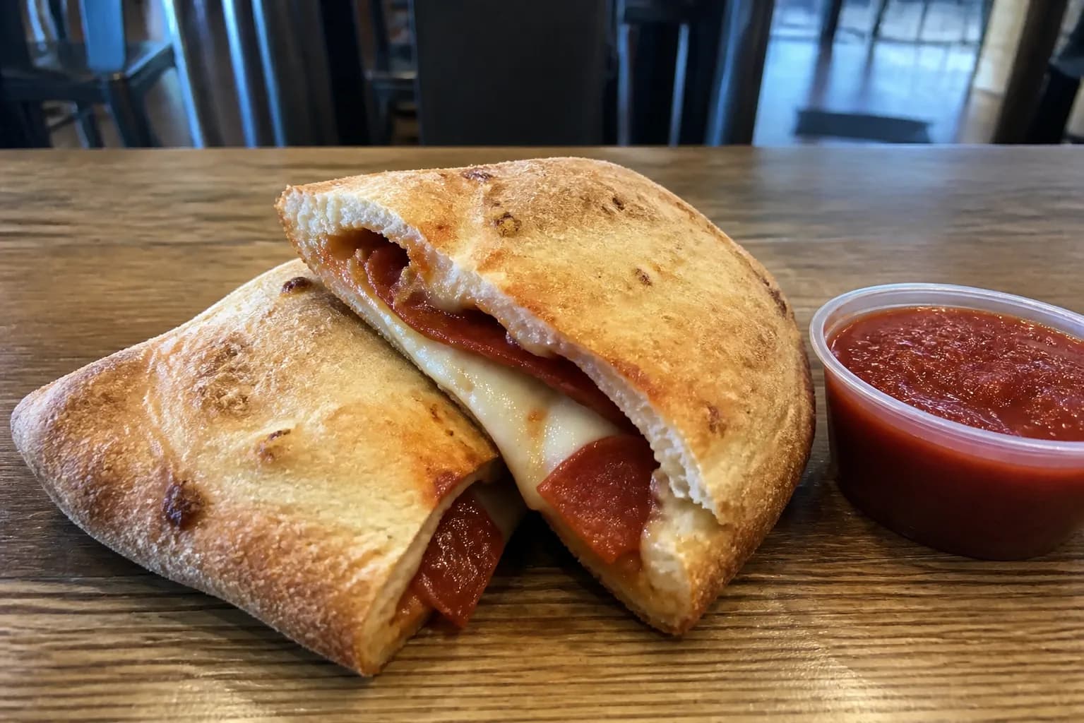 A close-up of a crispy pepperoni Pizza Hut Melt with dipping sauce on a table.