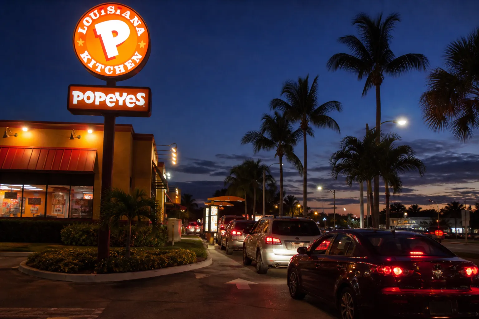 Night view of the busy Popeyes drive-thru lane in Miami