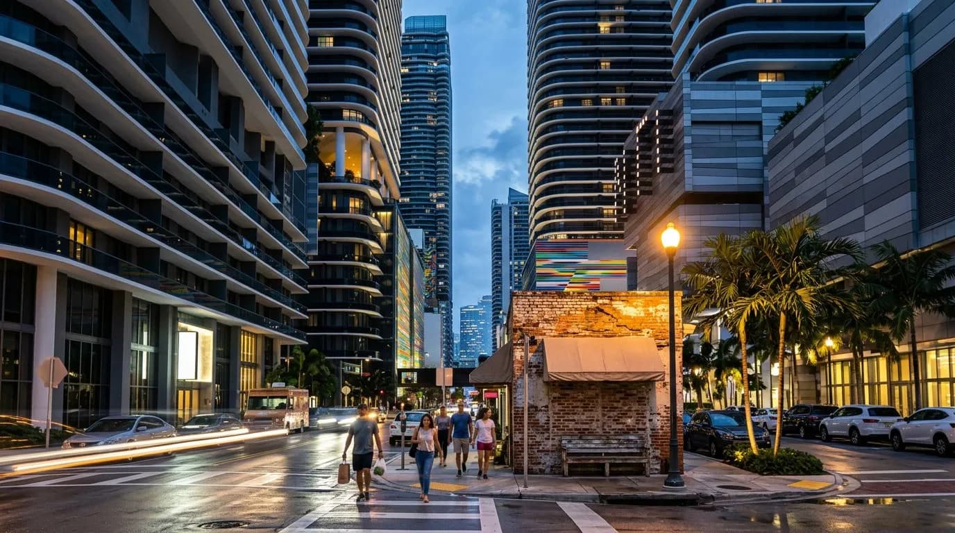 Busy Brickell street at dusk with a small brick-fronted restaurant tucked among high-rises