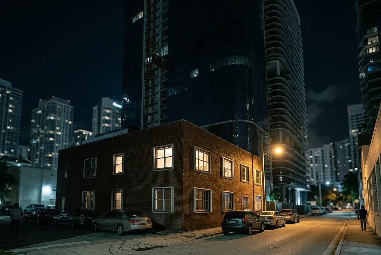 Night view of a small red-brick building with steel-framed windows on a quiet Brickell side street in Miami.