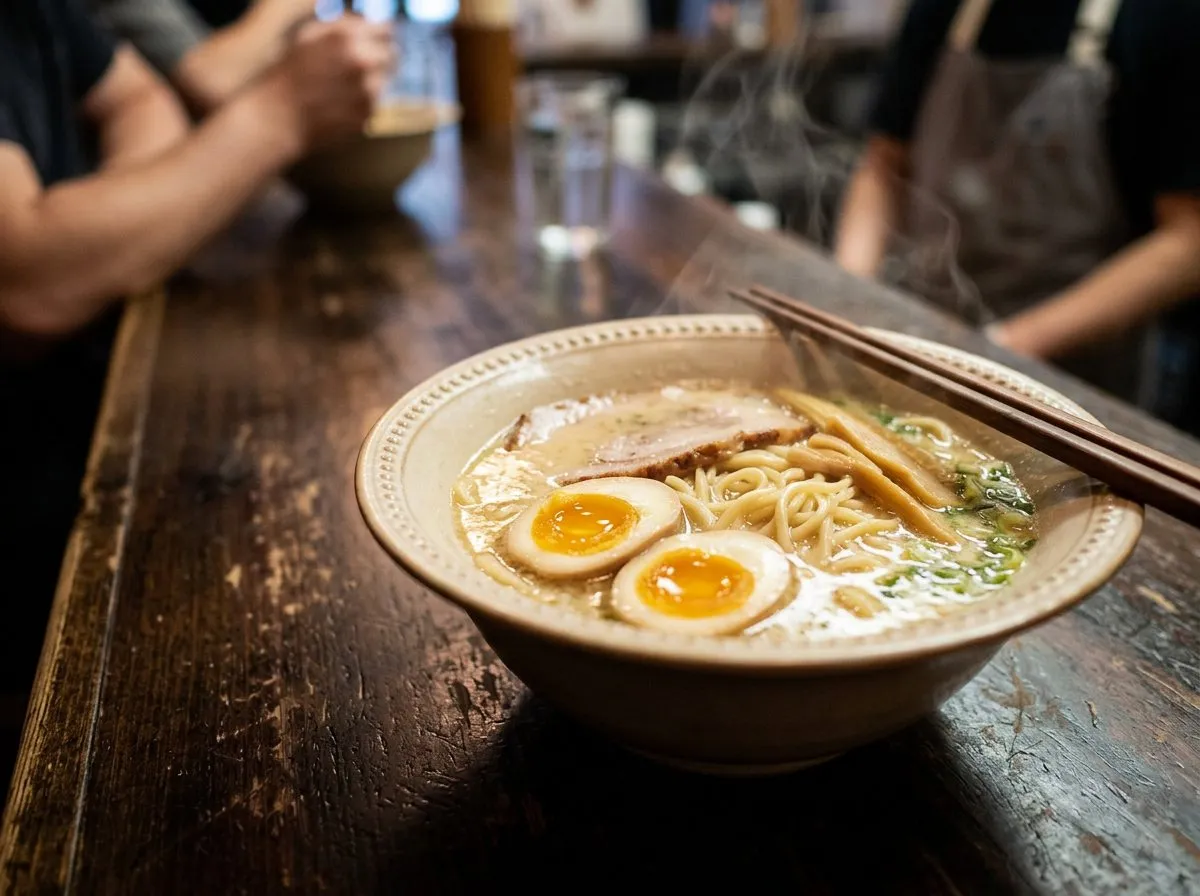 Close-up of a steaming tonkotsu ramen bowl with pork belly and noodles