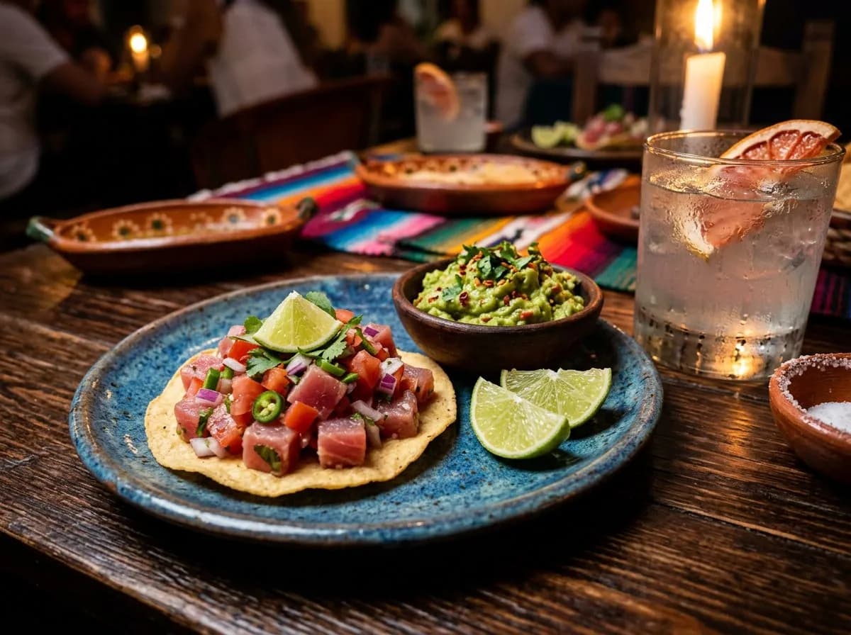 Close-up of tuna tostada and guacamole with a mezcal cocktail on a wooden table