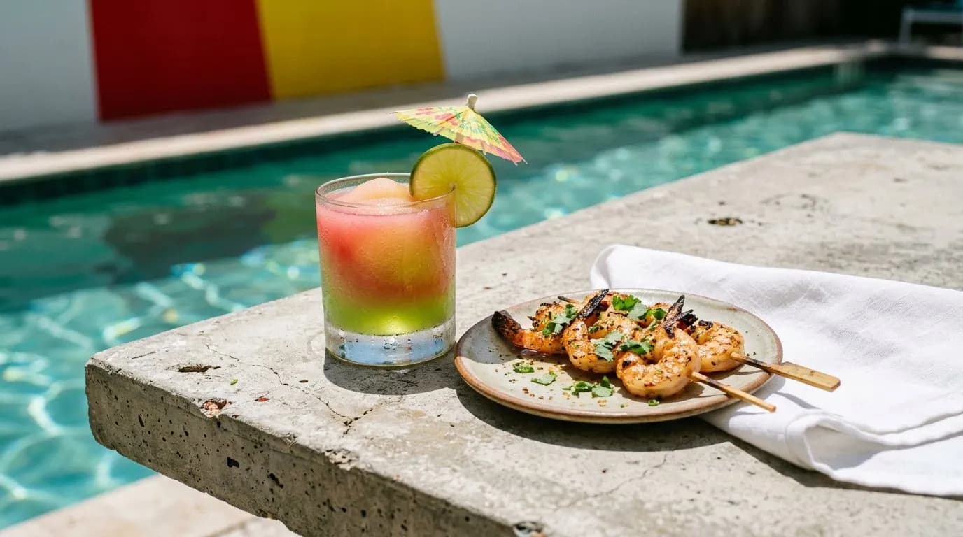 Cocktail and shareable plate on a poolside tabletop with mural colors blurred behind