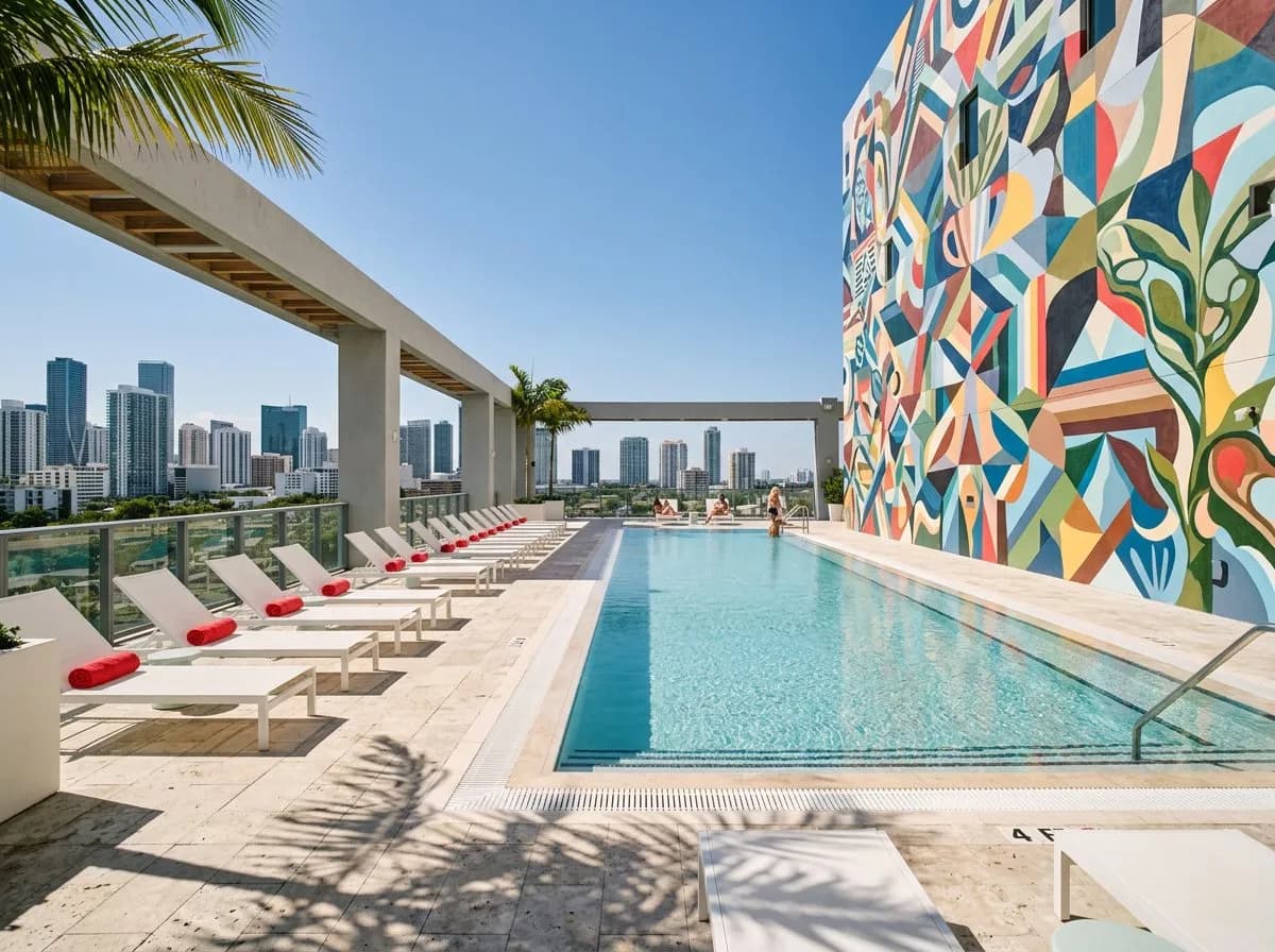 Wide view of a rooftop pool deck framed by mural walls and Miami skyline