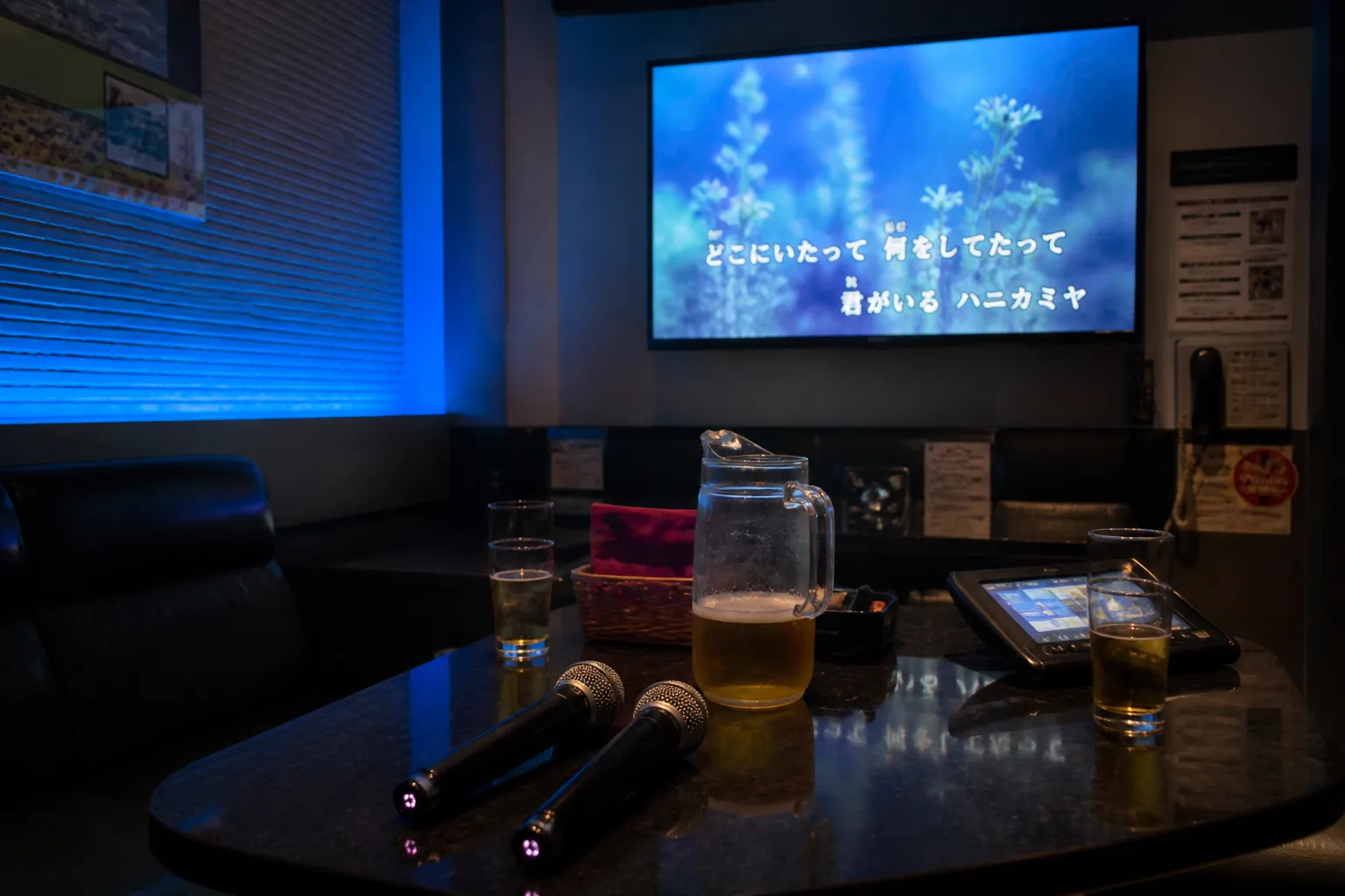 Private karaoke room setup with microphones, a lyric screen, and ambient blue lighting.
