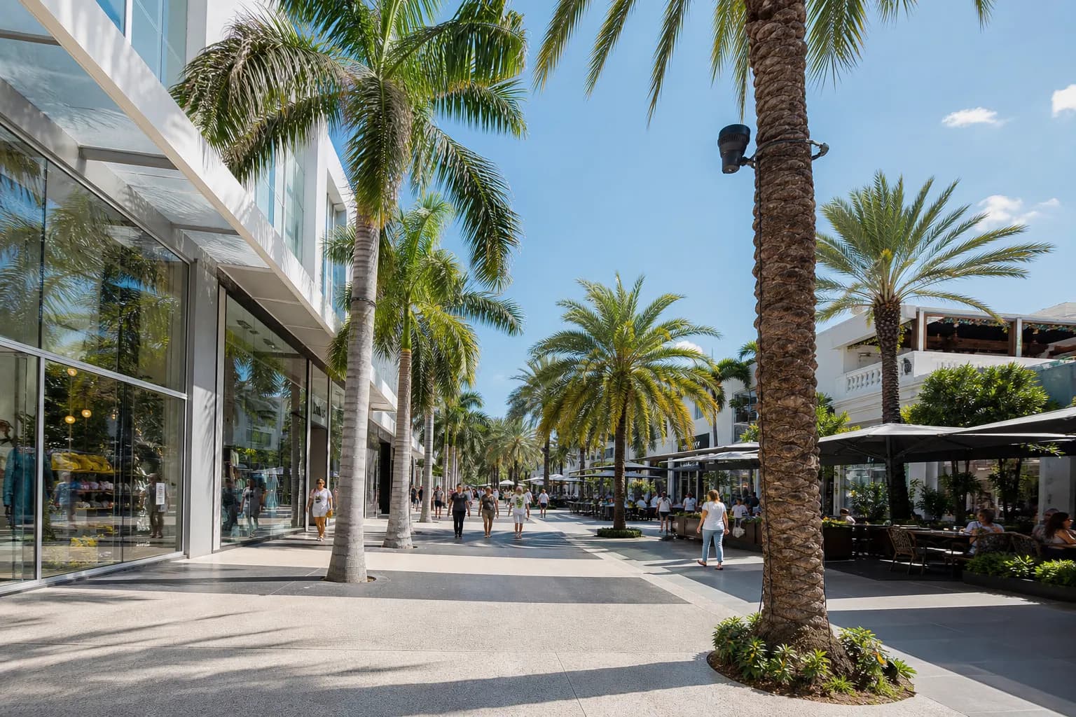 A vibrant sunny day shot of Lincoln Road Mall in Miami Beach, with palm trees lining the pedestrian walkway and shoppers near retail store entrances.