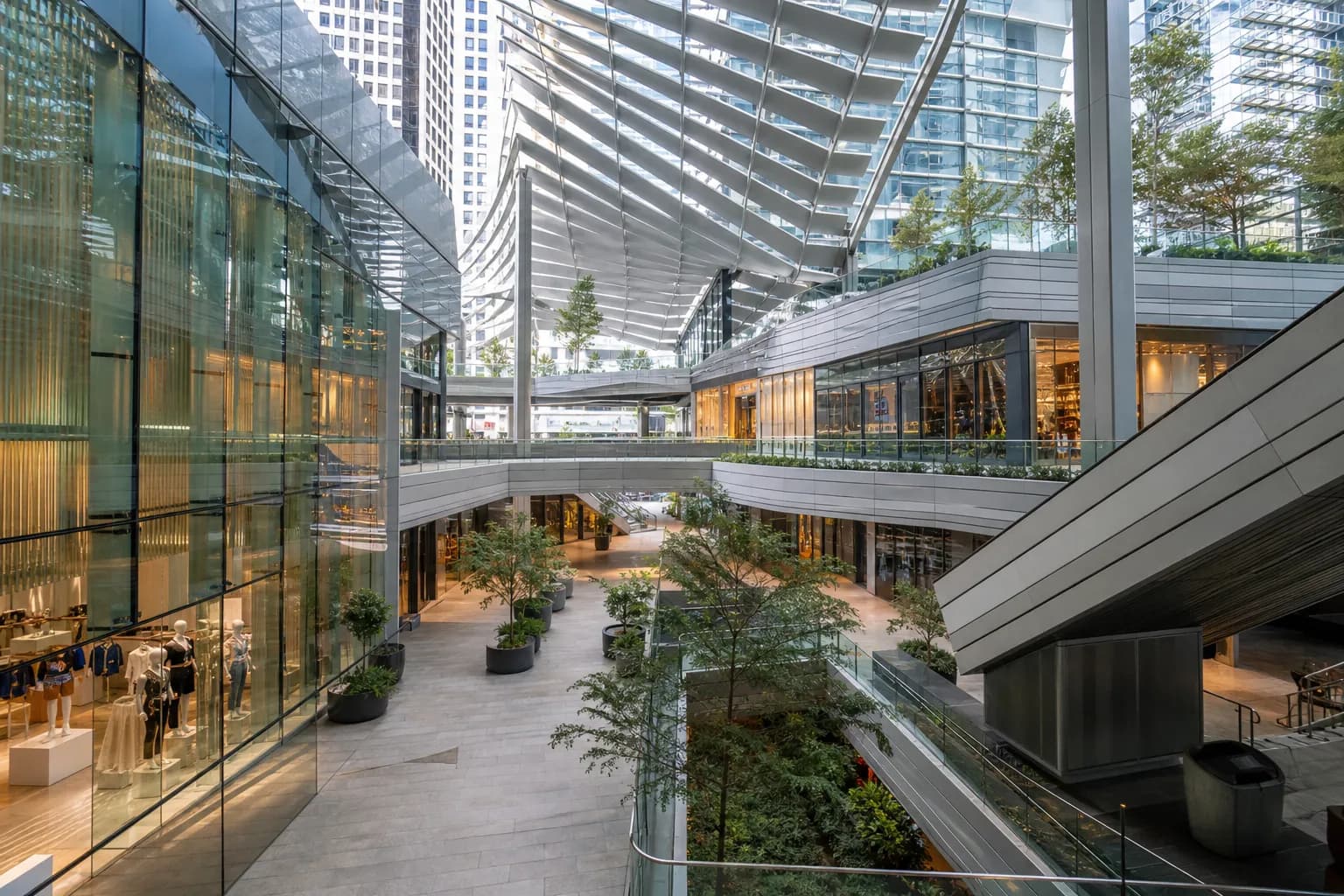 Modern multi-level glass architecture inside Brickell City Centre in Miami.