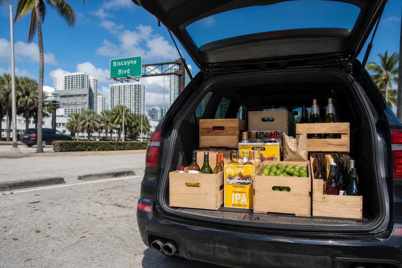 A car trunk filled with party drinks and fresh limes in sunny Miami.