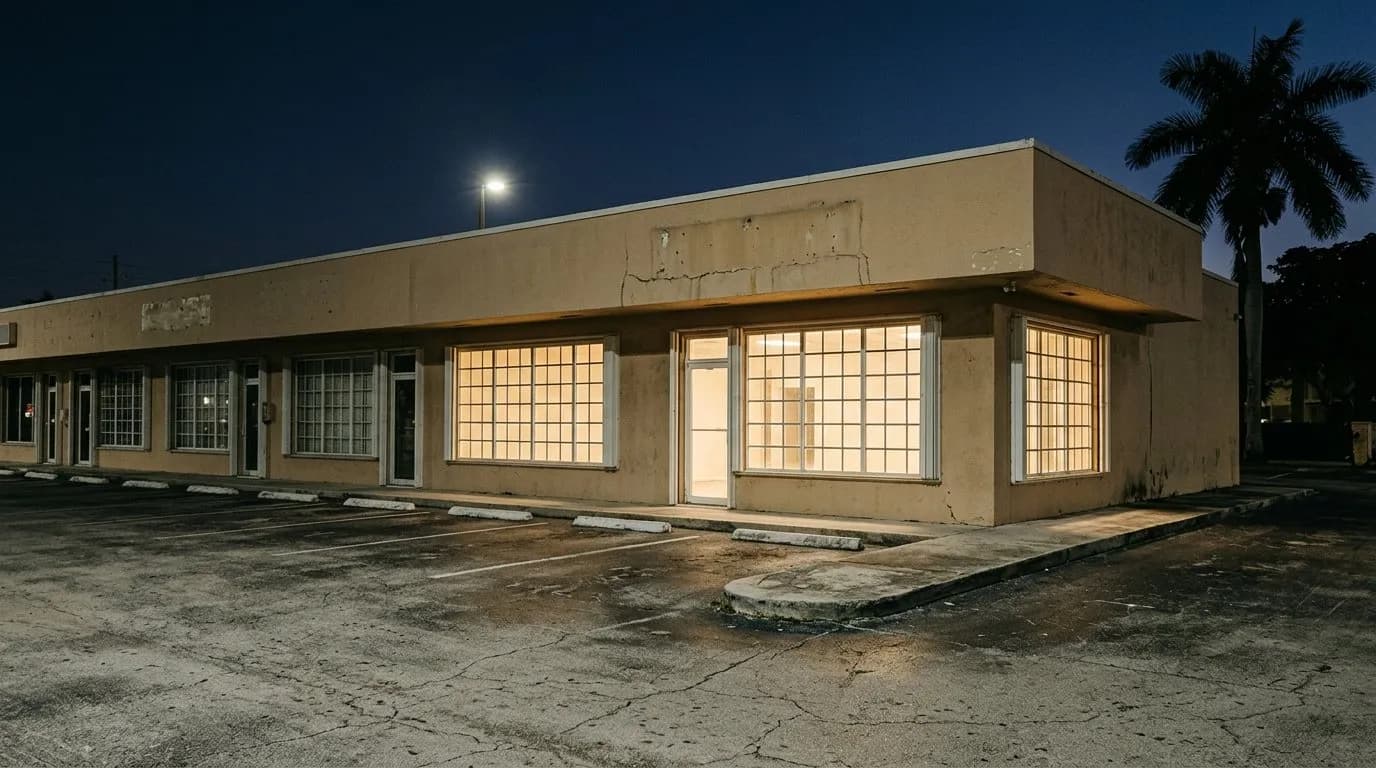 Night exterior of a small strip-mall storefront lit from inside on a quiet Miami street