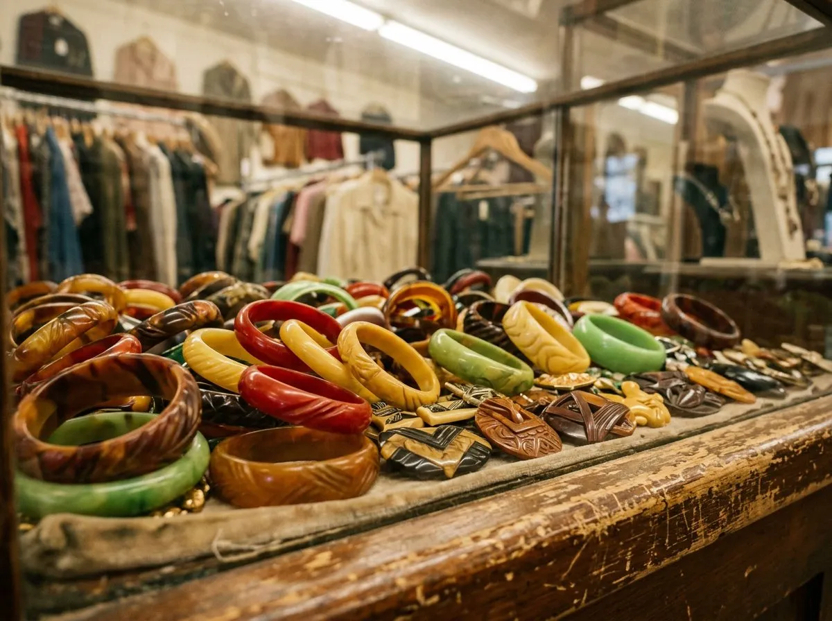 Close-up of a glass case filled with colorful vintage Bakelite jewelry