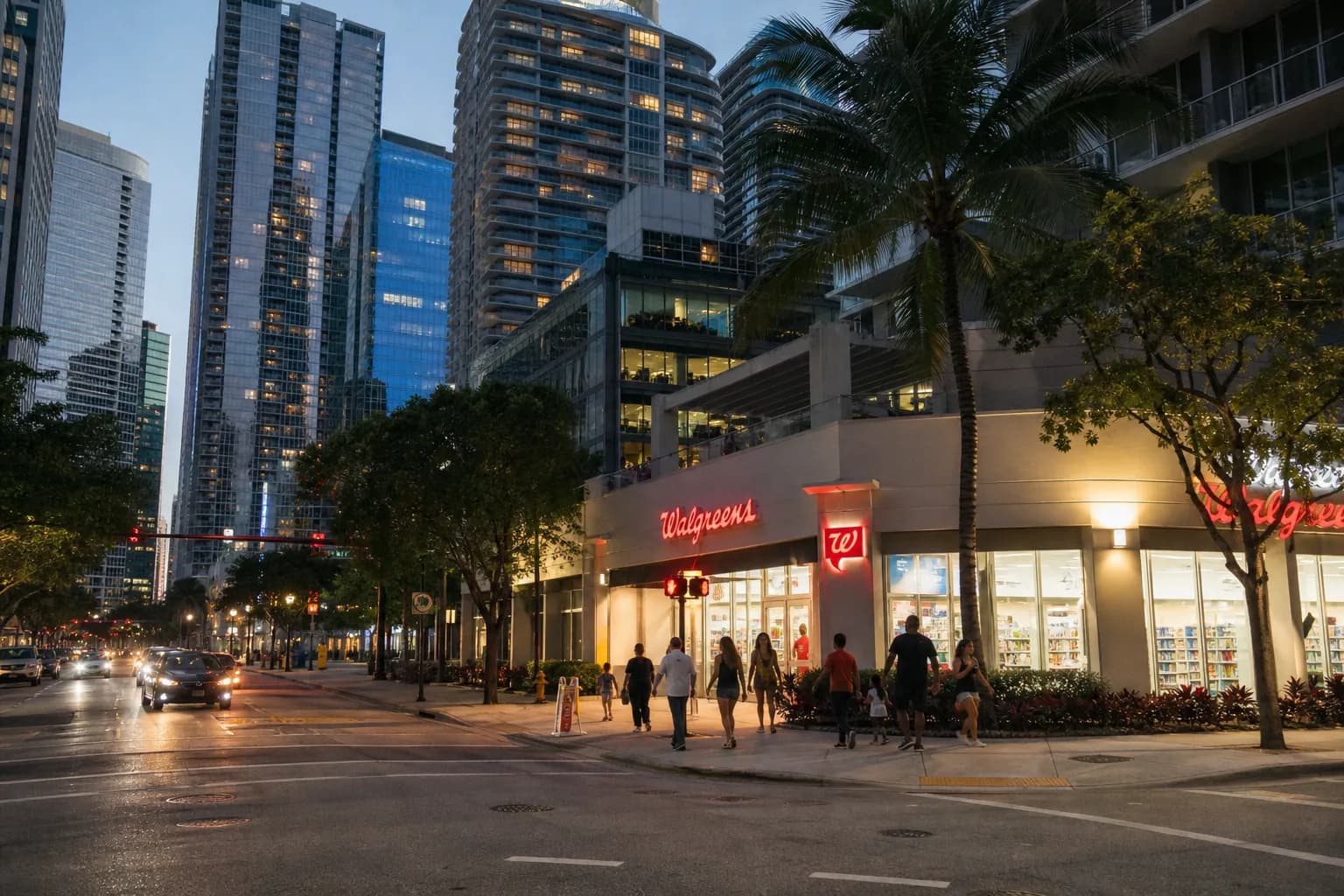 Exterior of the Brickell Walgreens location in Miami during sunset with urban backdrop.
