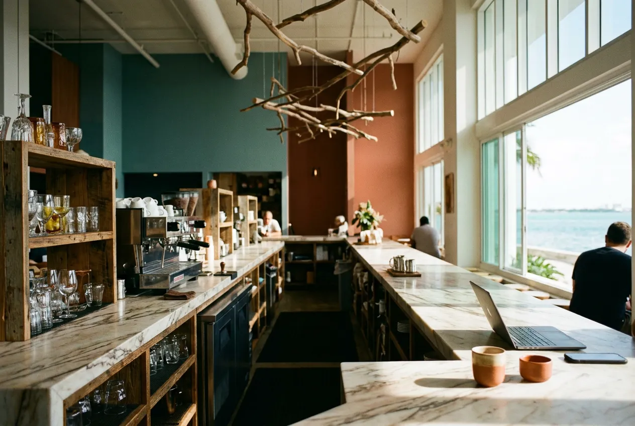 Sunlit cafe counter in downtown Miami with a large espresso machine and mismatched vintage glassware