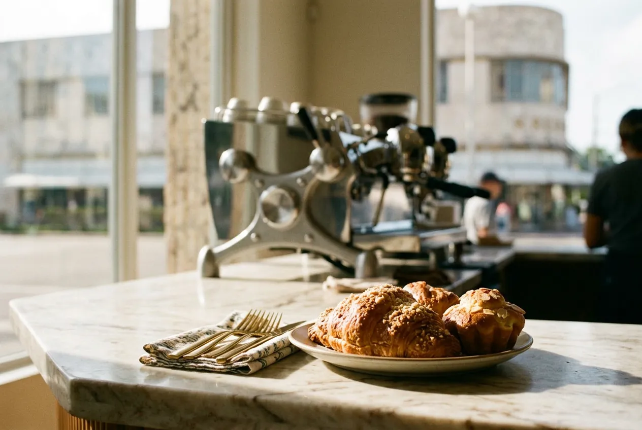 Close-up of pastries and flatware on a marble cafe counter with soft midday light