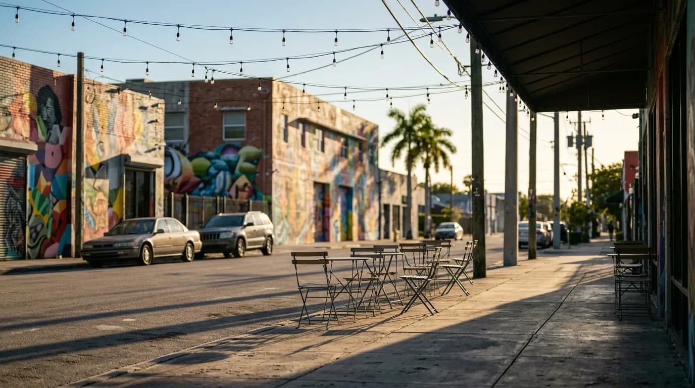 Quiet Wynwood street with a shaded cafe patio at early morning light