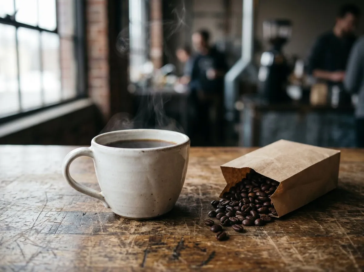 Close-up of a pour-over coffee cup beside a bag of whole roasted beans