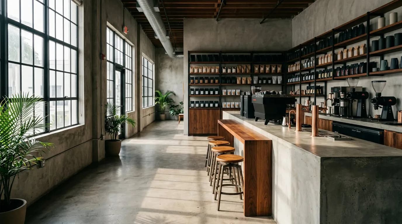 Bright industrial-style coffee bar counter with stools and shelves of bagged coffee