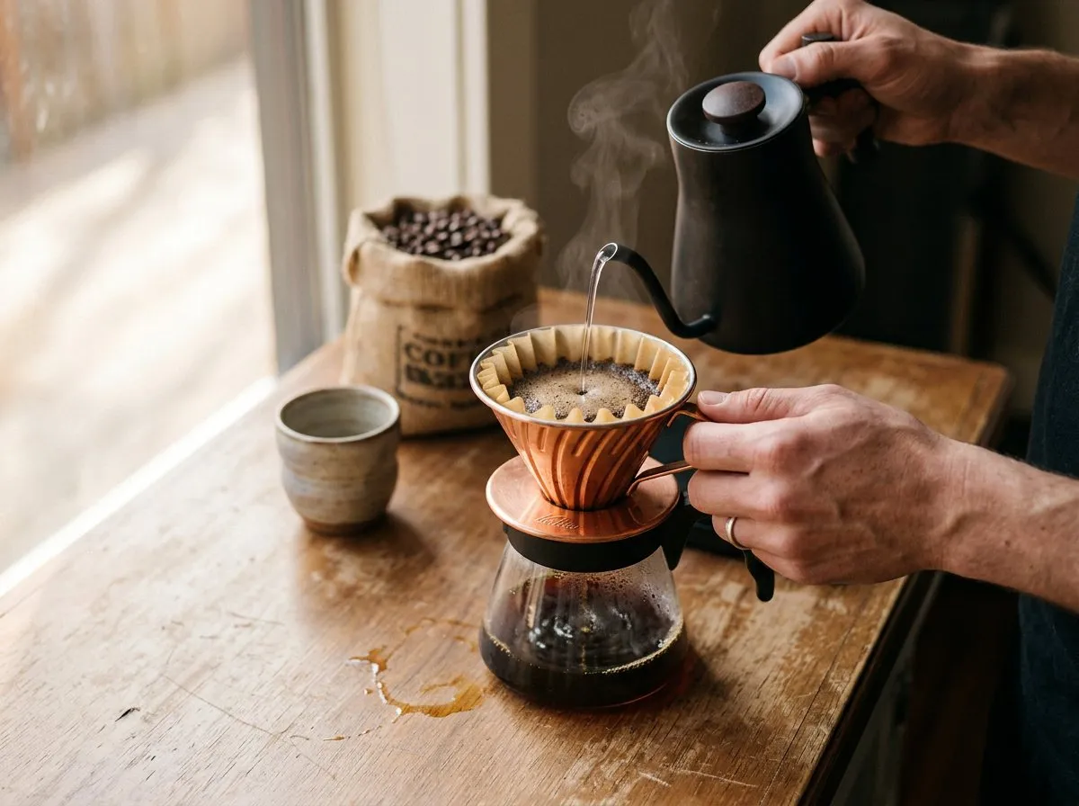 Close-up of hot water being poured over a Kalita Wave coffee filter