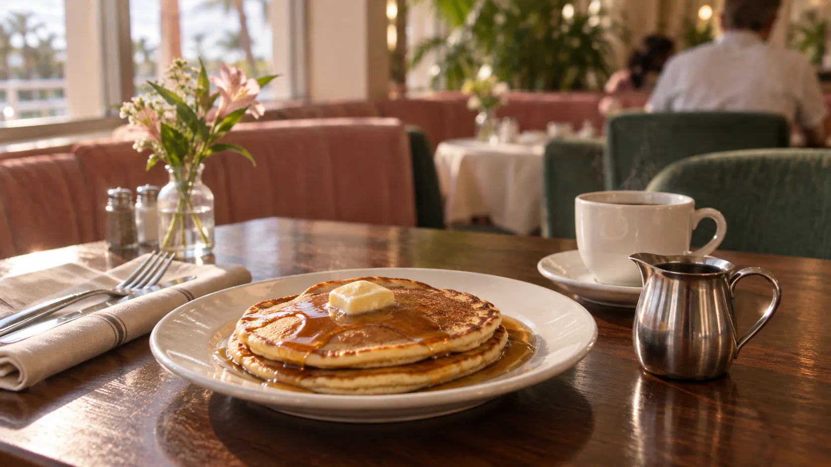 Pancakes on a white ceramic plate beside syrup and coffee, with warm window light and muted pink and green furnishings behind.