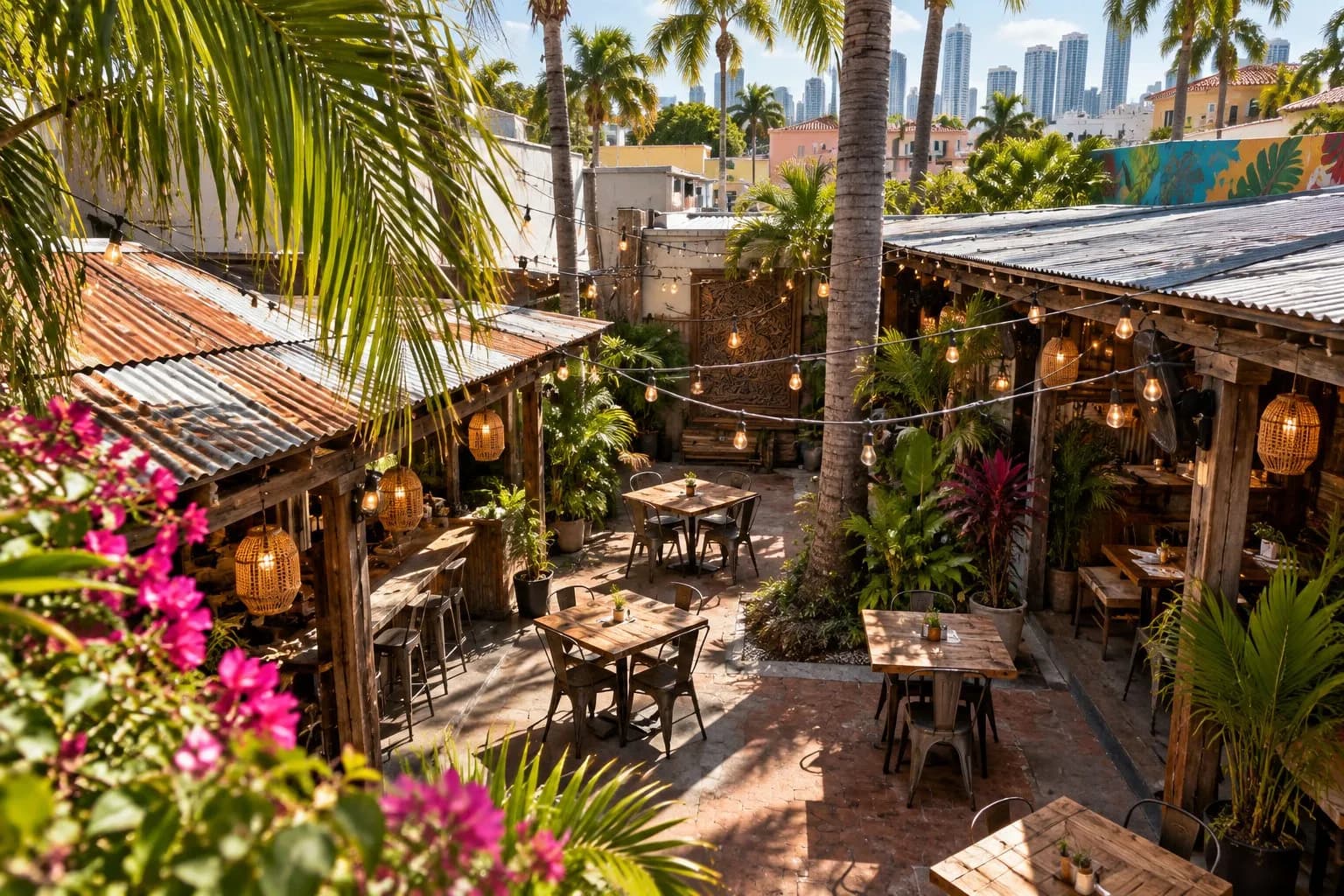 Outdoor courtyard at Lung Yai Thai Tapas on Calle Ocho with string lights and simple tables