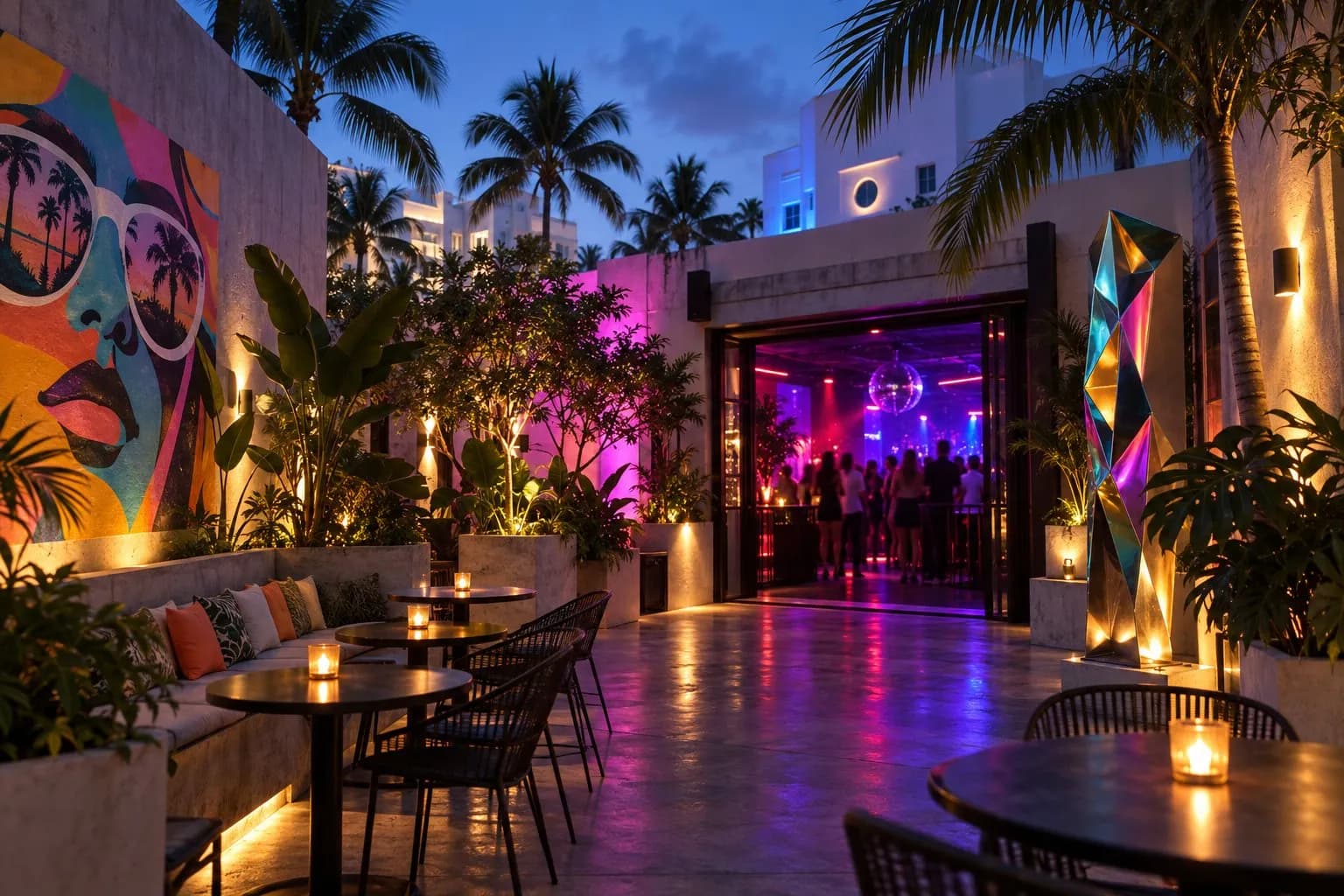 Art-filled courtyard outside a compact South Beach house-music club in the evening, with tables, plants and installation pieces