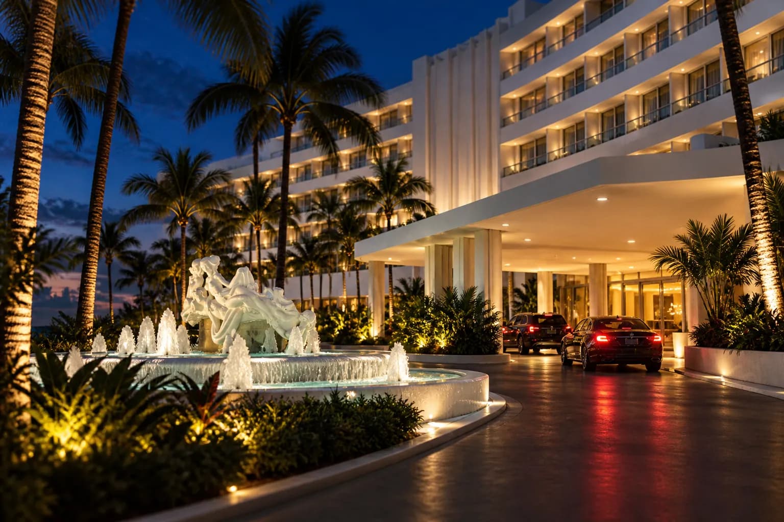 A large beachfront hotel in Miami Beach lit up at night