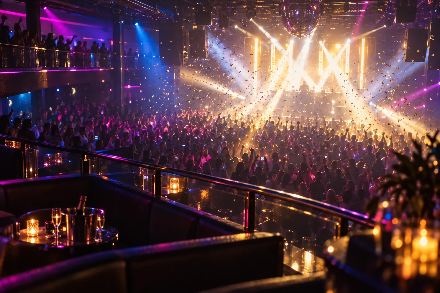 A crowded club floor below a mezzanine with bright stage lighting