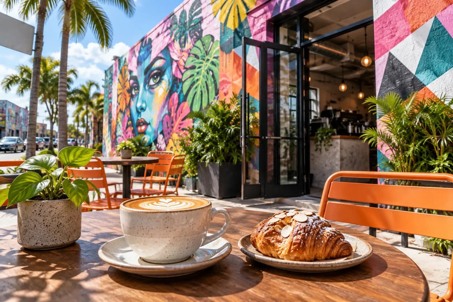 Graffiti-splashed Panther Coffee exterior with orange patio chairs in Wynwood, Miami