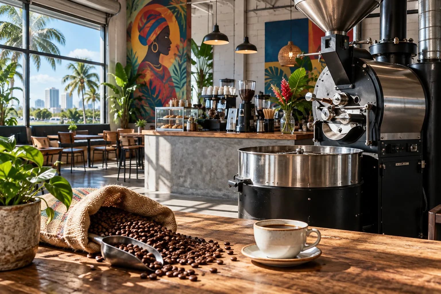 Coffee bar and visible roasting equipment inside Panther Coffee’s Little Haiti lab in Miami