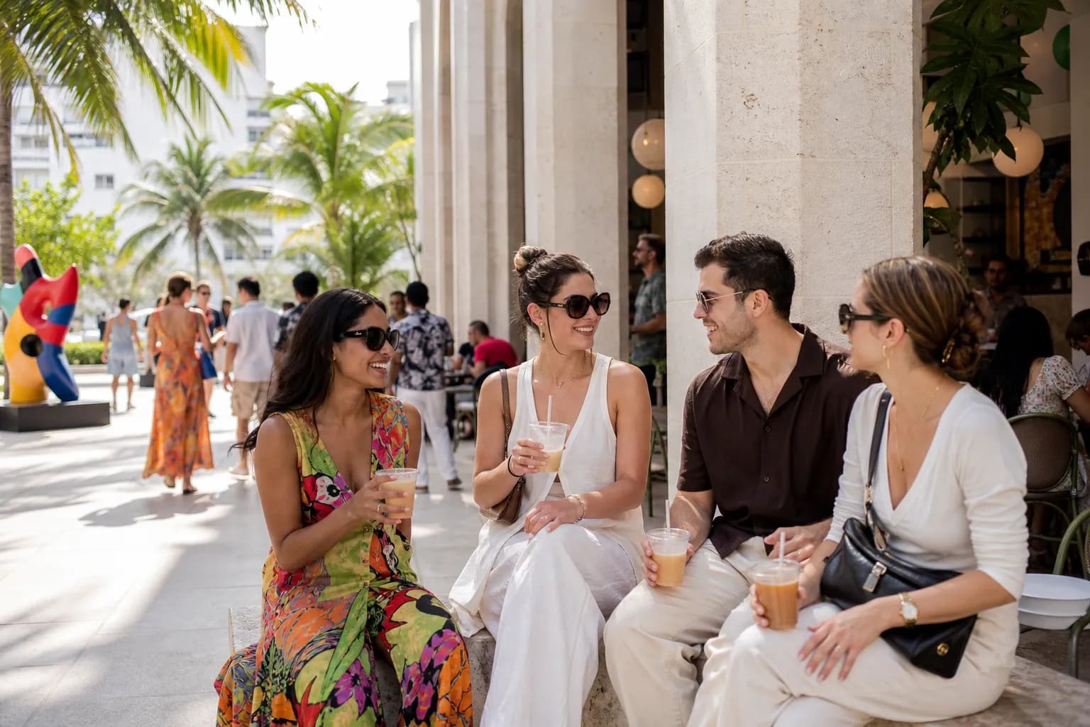 A refined shaded Miami plaza with palms, iced drinks, and weekend foot traffic