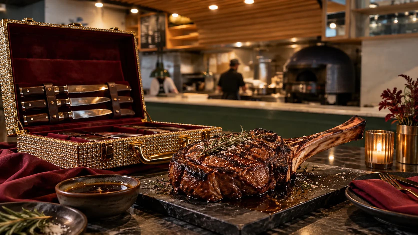 A 55-ounce tomahawk sits beside an open rhinestone-studded gold briefcase, polished knives, sauce and red napery in warm amber light.