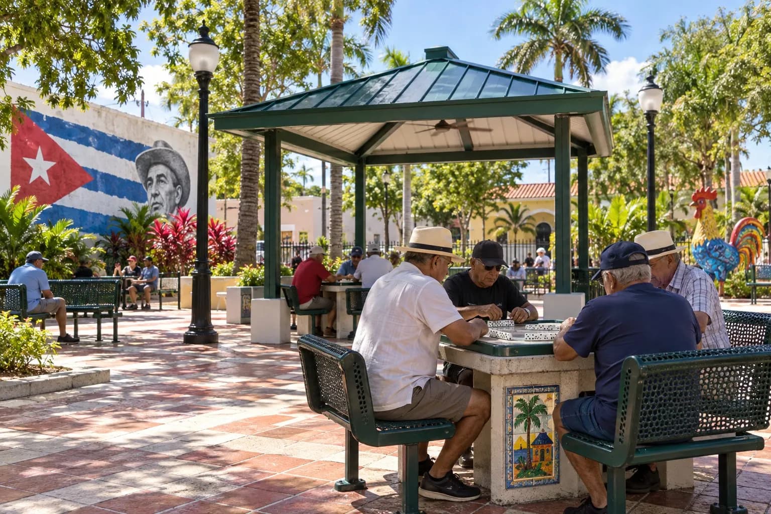 Domino Park in Little Havana with fixed game tables, tiled walkways, a shade canopy and spectators around a daytime game