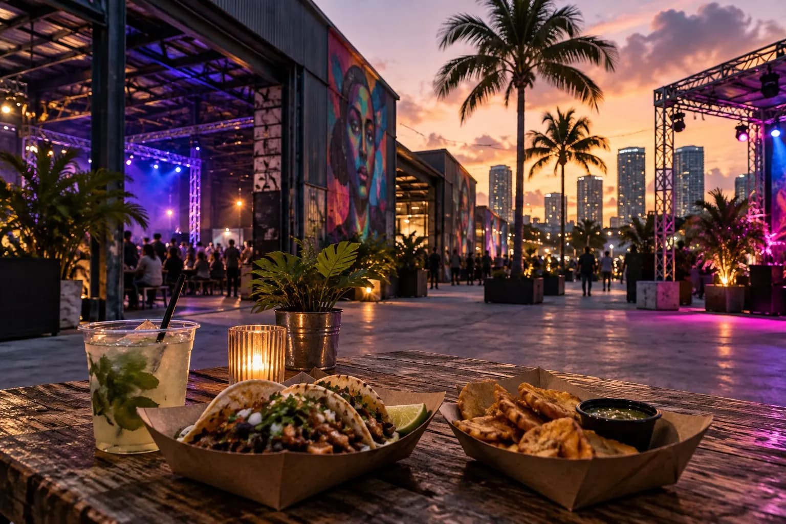 Industrial halls and outdoor production areas at Mana Wynwood set up for the III Points festival in Miami
