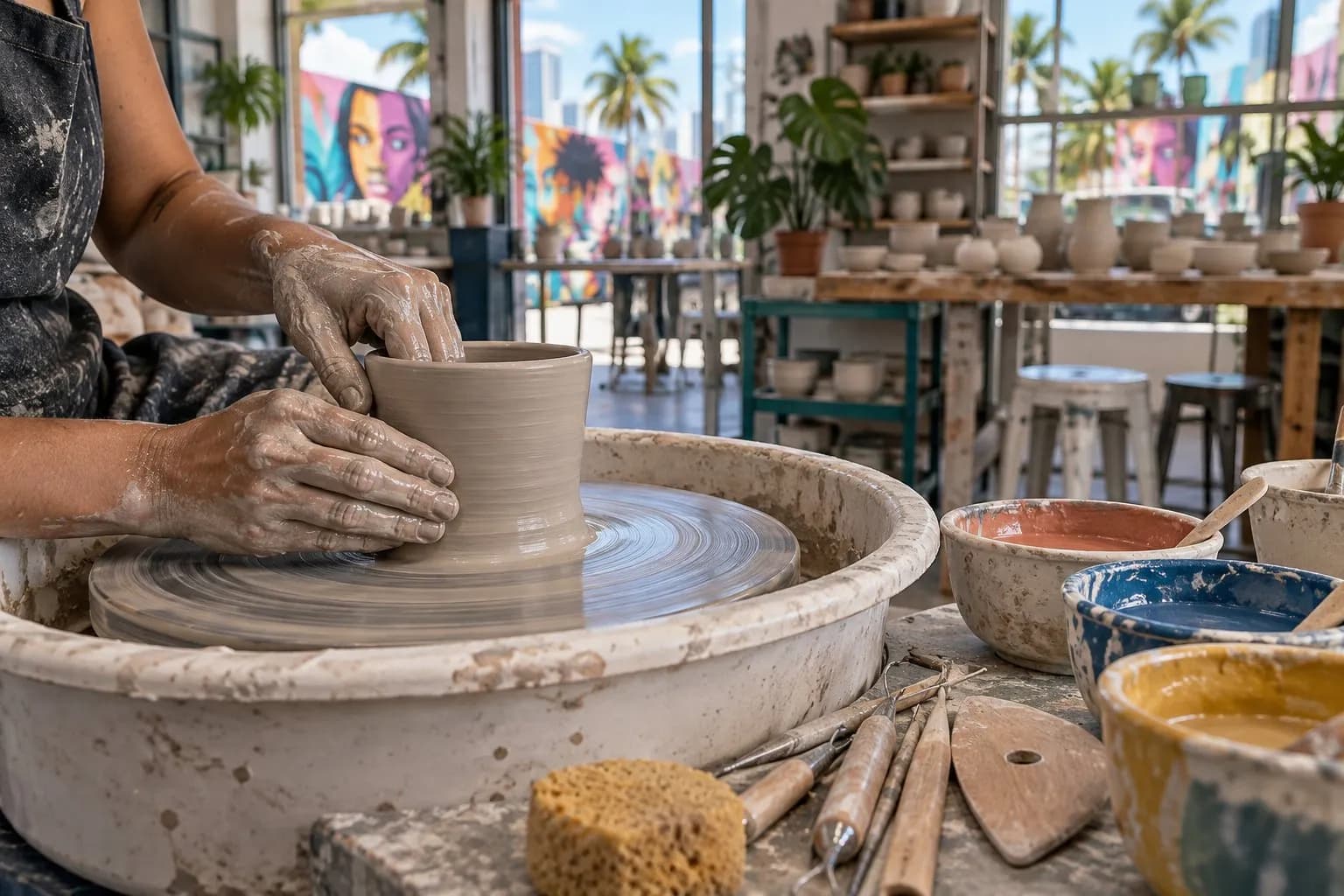 Hands shaping wet clay on a pottery wheel inside a Wynwood craft studio