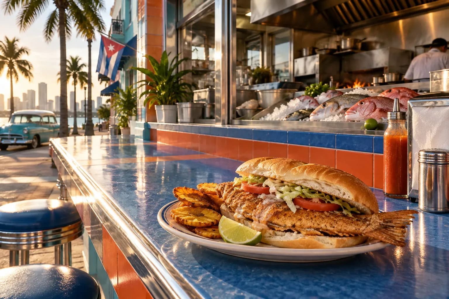 Blue-and-orange Formica standing counter beside fried seafood and an open kitchen at La Camaronera in Little Havana