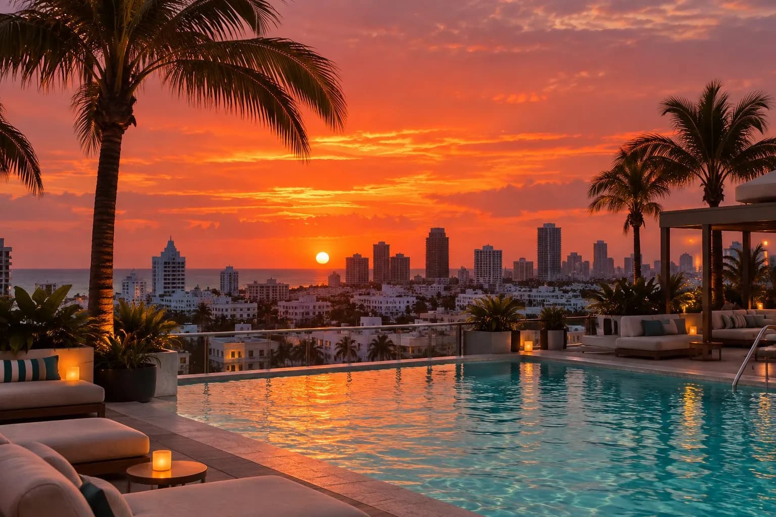 Rooftop pool lounge at HIGHBAR above Naked Taco in South Beach at sunset