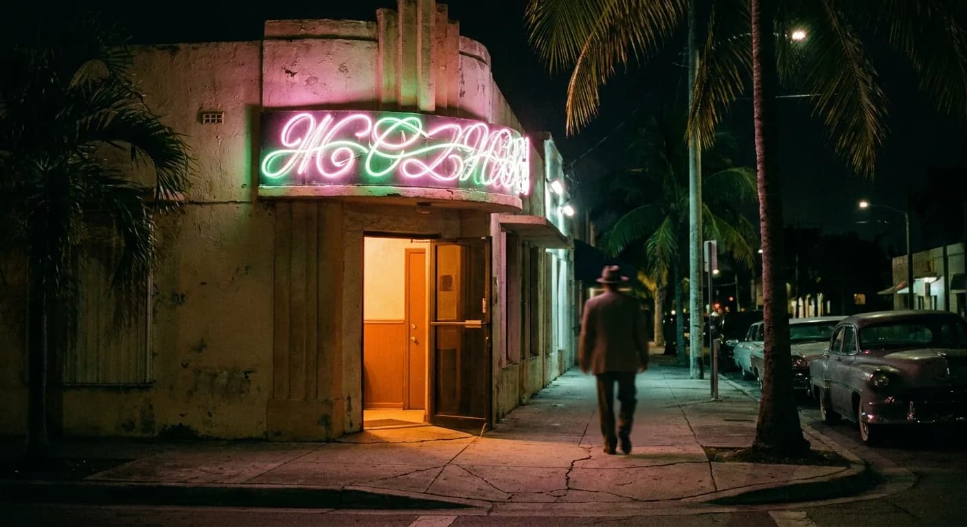 Neon-lit vintage storefront of a Little Havana jazz bar at night with palm silhouettes and warm doorway light