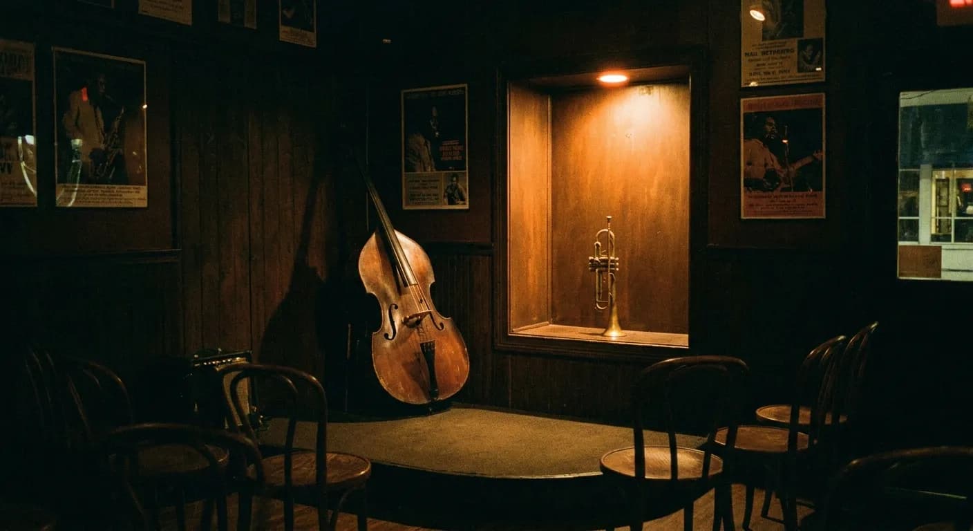 Upright bass and trumpet on a small dimly lit jazz stage under an amber spotlight in Miami
