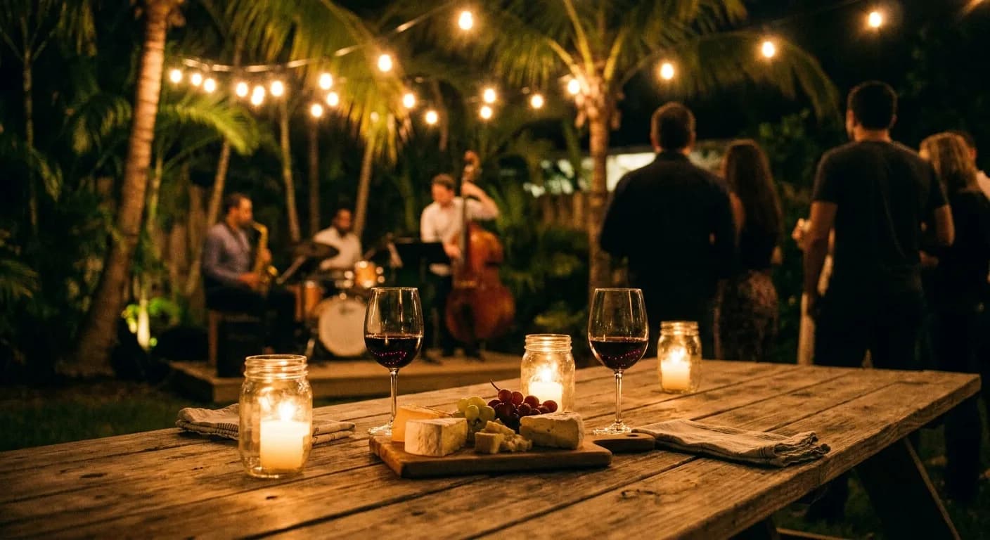 Candlelit table with red wine and a cheese board in front of an out-of-focus jazz trio in a garden venue