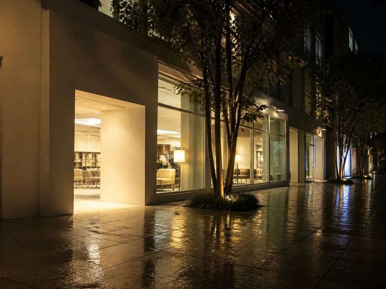 Design District storefront lit after dark in Miami