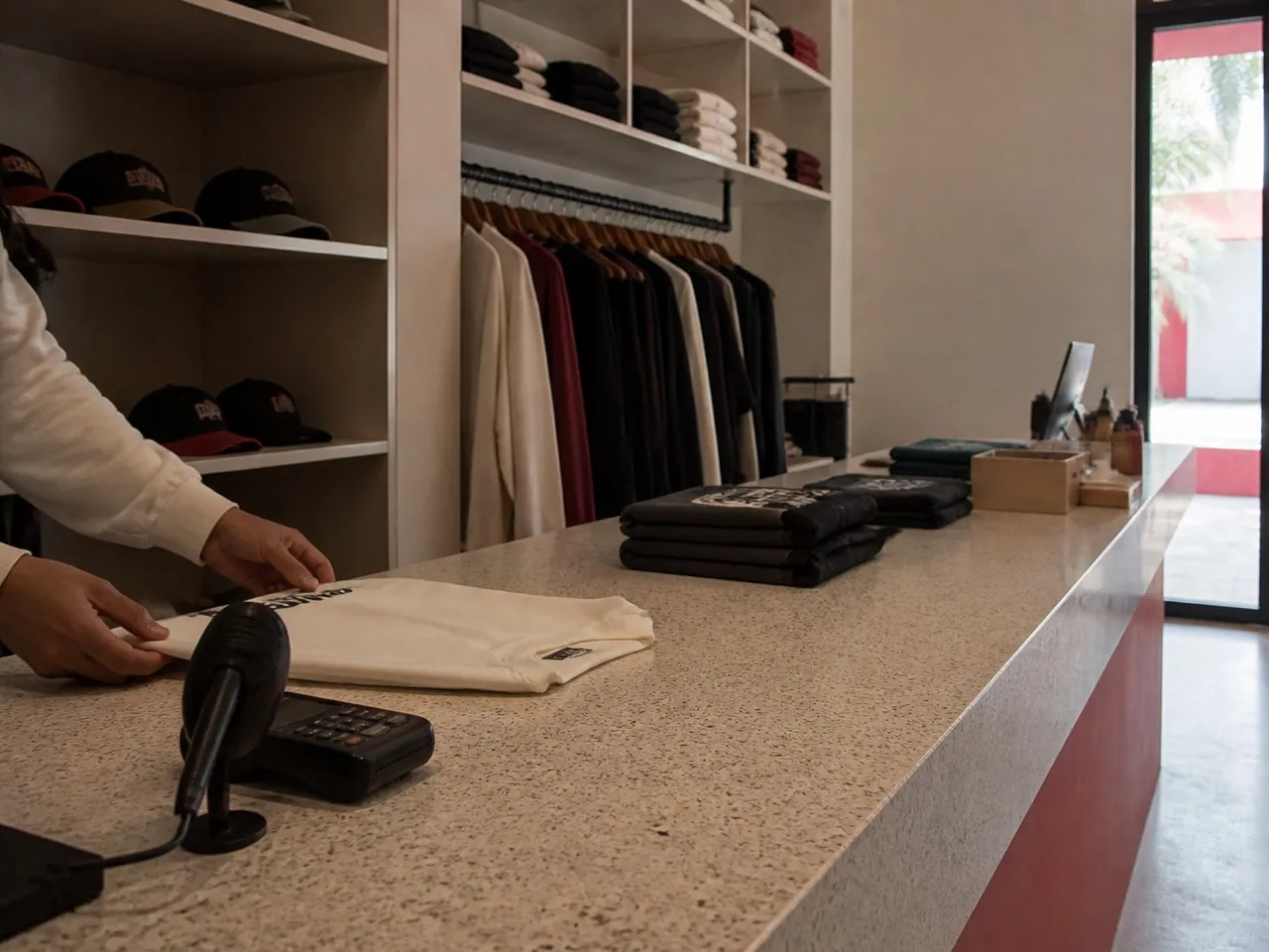 Small boutique interior with racks and a compact counter