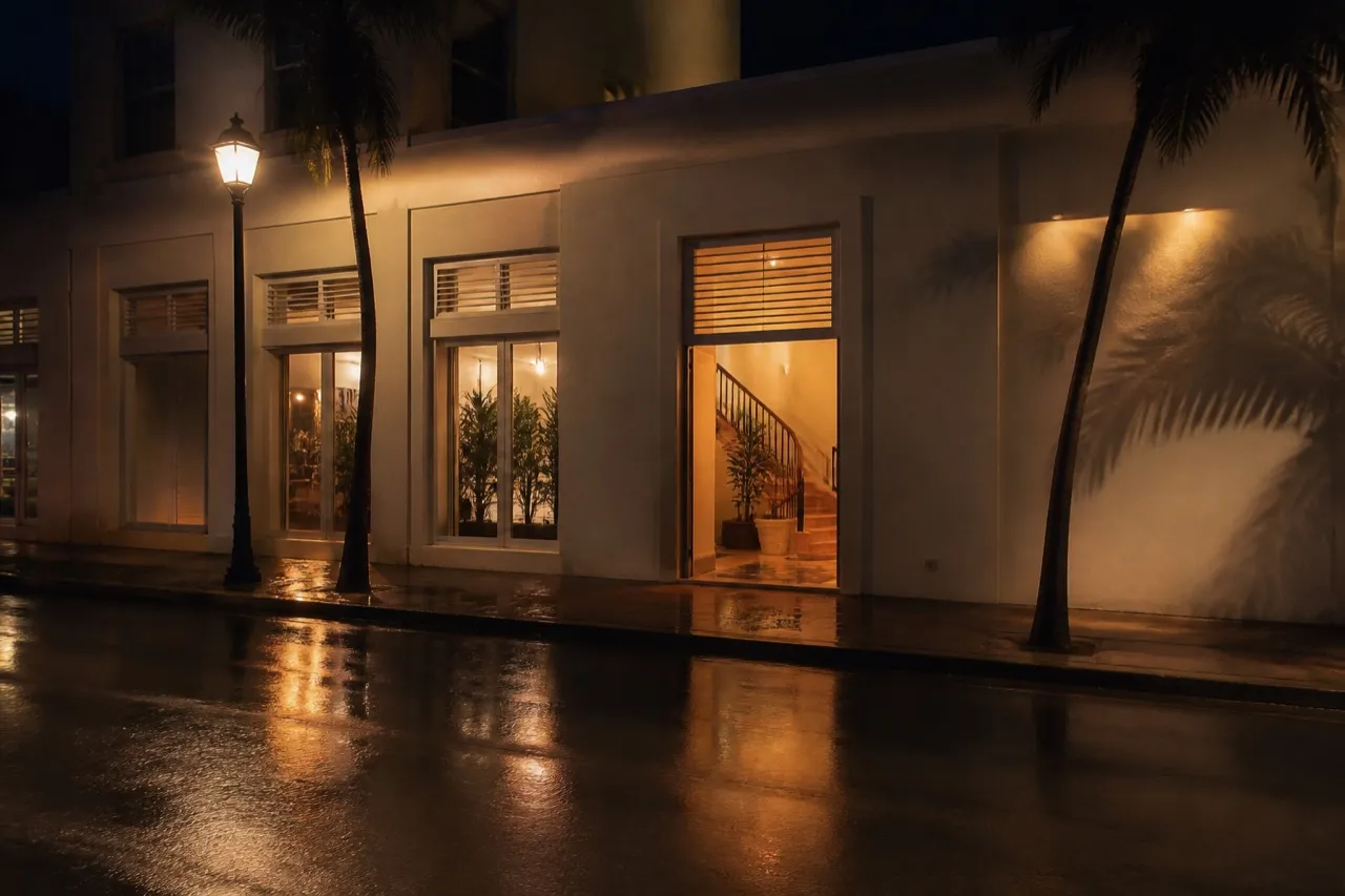 Coral Gables beer hall frontage lit in the evening