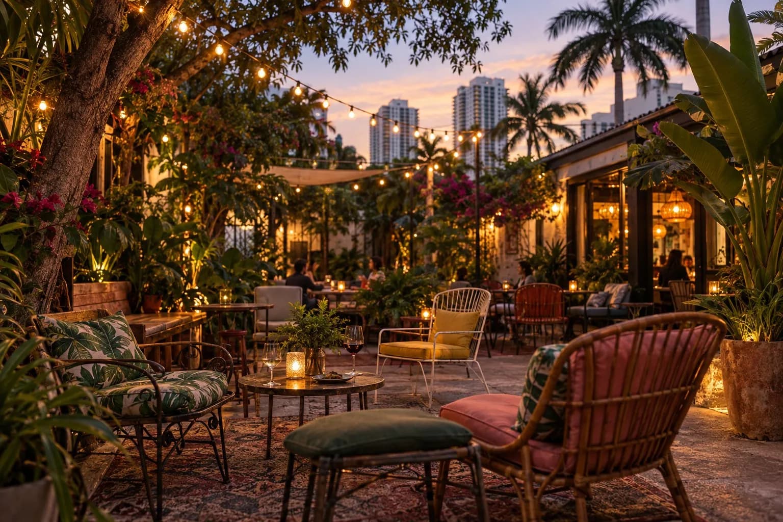 String-lit outdoor listening yard with mismatched chairs and wine tables at Lagniappe in Midtown Miami