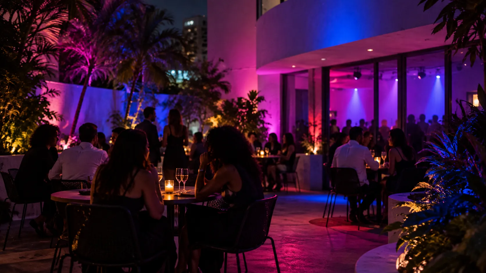 Rear patio at Las Rosas with small tables, coloured bulbs, foliage and the distant thump of live music from the stage room.