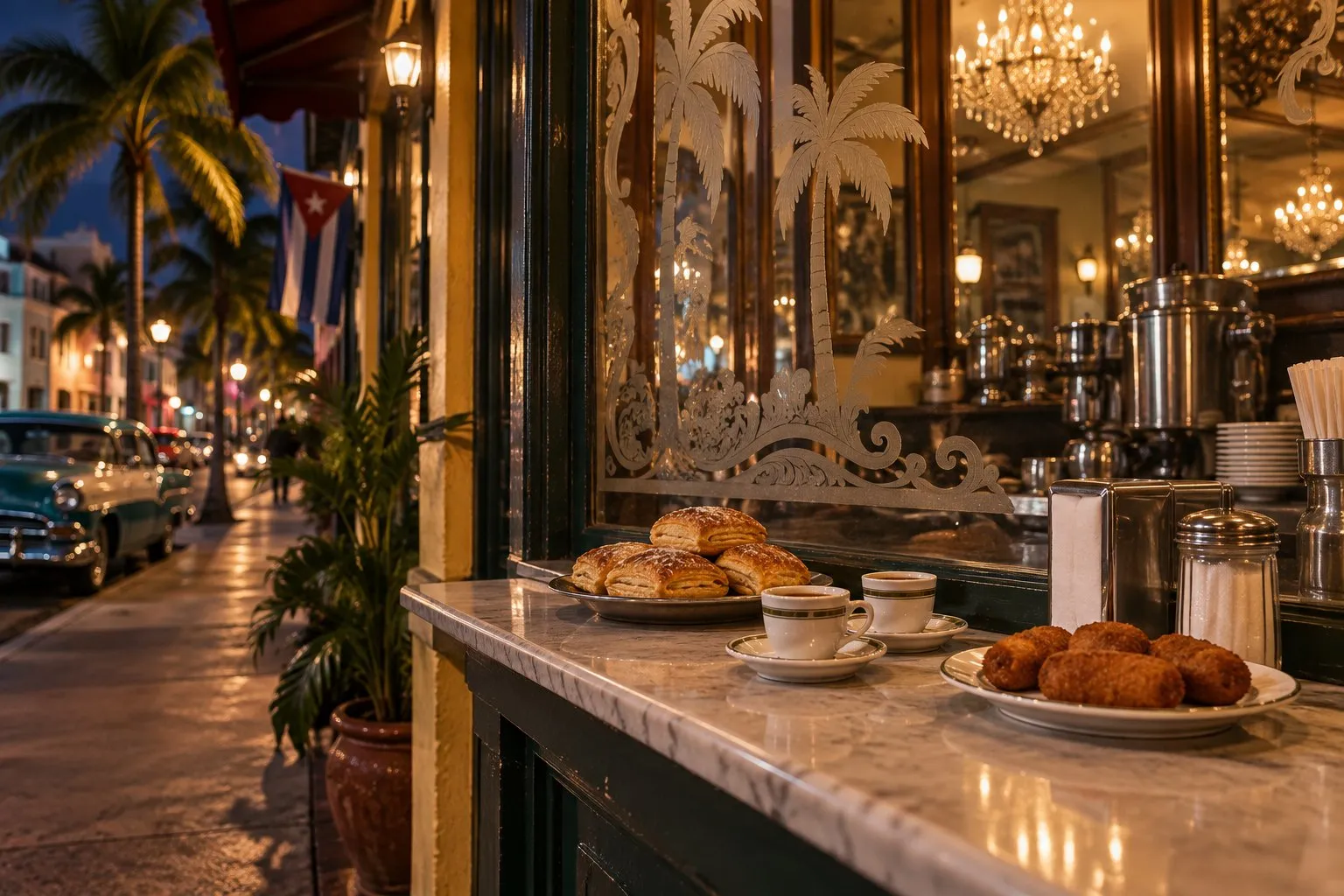 Little Havana restaurant ventanita with Cuban coffee, pastries and croquetas beside an ornate dining room entrance