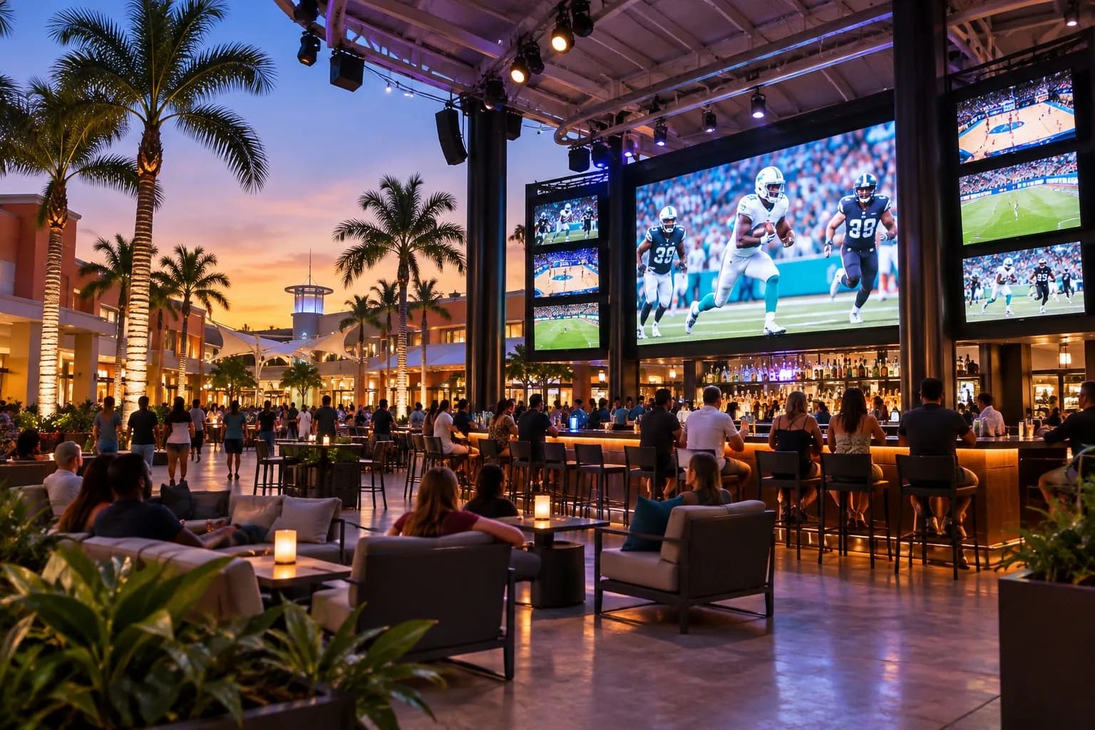 Dolphin Mall sports bar interior with a giant LED screen, smaller televisions and game-day seating