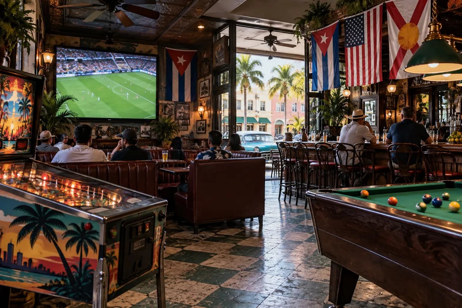 Booths and a large screen inside a Little Havana sports bar beneath neighbourhood flags