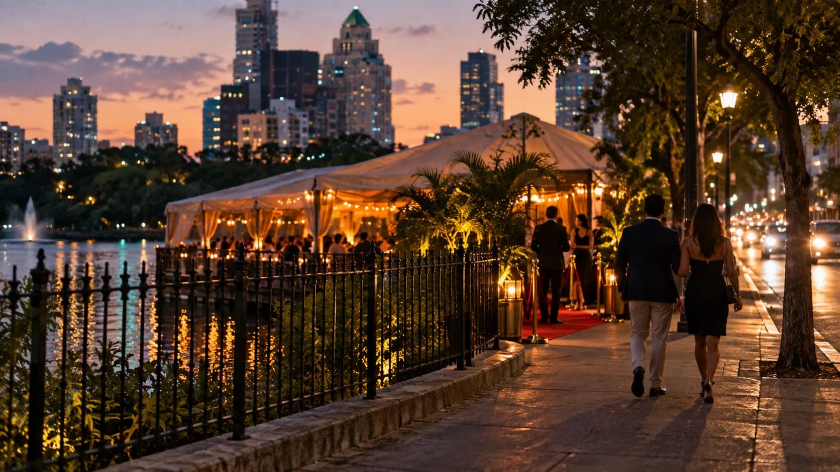 Amber tent-like restaurant glowing beside the Miami River at dusk, with a red-carpet entrance, passing headlights and downtown towers beyond.