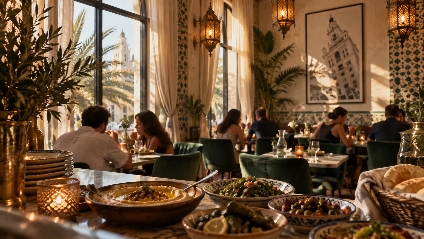 Compact Lebanese dining room viewed from the counter, with green velvet chairs, patterned walls, soft drapery, warm lantern light and shared mezze plates.