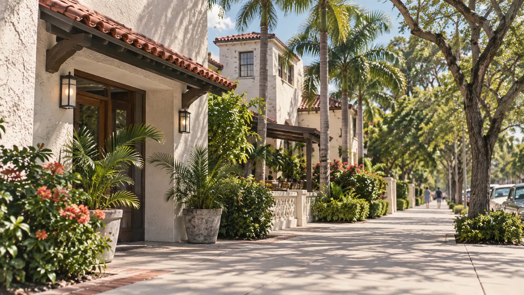 Daylight exterior from Madruga Avenue towards the low retail strip, with a recessed entrance, pale pavement, neighbouring storefronts and leafy Coral Gables streetscape.